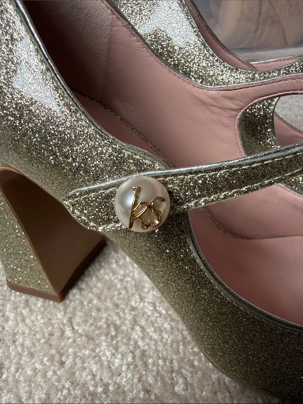 kate spade Gold Glitter Pearl Strap Mary Jane Block Heels - Picture 5 of 7